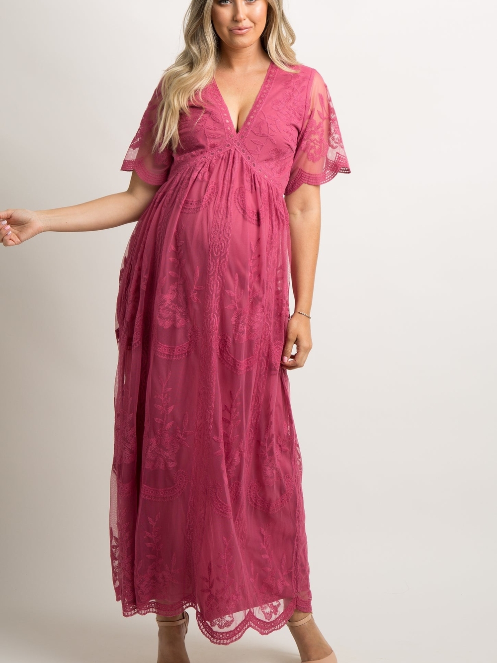 PinkBlush Magenta Lace Mesh Overlay Maternity Maxi Dress